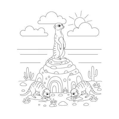 A meerkat sentinel standing upright on a termite mound, scanning the horizon coloring page