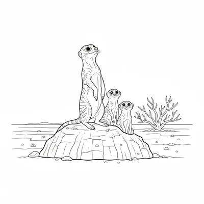 A meerkat standing guard on a termite mound in an arid landscape, its slim body coloring page