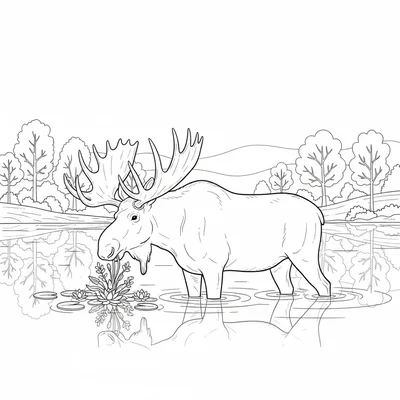 A moose wading through a shallow autumn lake, its enormous antler spread coloring page