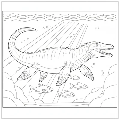 A Mosasaurus gliding through open water with several fish swimming alongside, i… coloring page