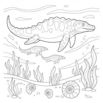A Mosasaurus mother with two smaller juveniles swimming beside her, all three i… coloring page