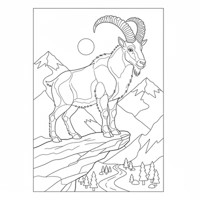 A mountain goat on a rocky ledge far above a valley, its white coat and curved coloring page