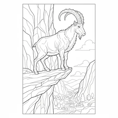 A mountain goat standing on a narrow rock ledge high on a cliff face, its coloring page