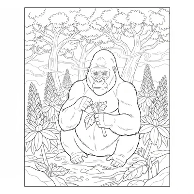A mountain gorilla feeding in an Afromontane forest, sitting amid giant coloring page