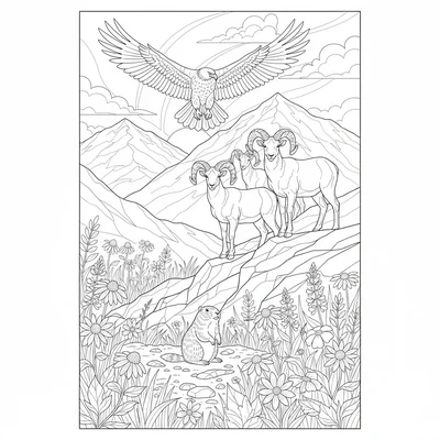 A mountain meadow high-altitude scene with a golden eagle circling overhead coloring page