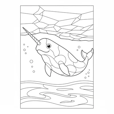 A narwhal swimming below an ice sheet, its long spiral tusk extended forward coloring page