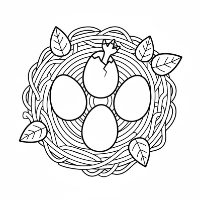 A simple nest viewed from above with five large oval eggs arranged in a circle,… coloring page