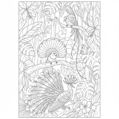 A New Guinea bird of paradise forest scene showing three coloring page