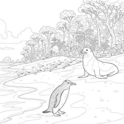 A New Zealand shore scene with a Yellow-eyed penguin coming ashore coloring page