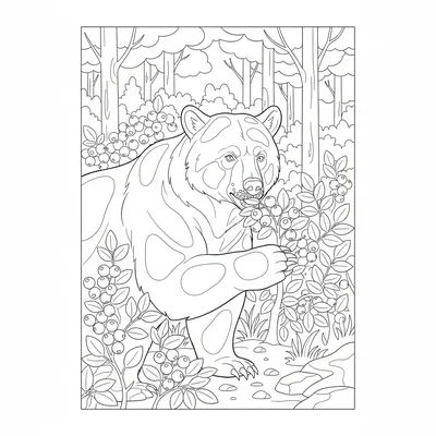 A North American black bear foraging for berries in a blueberry thicket, its coloring page