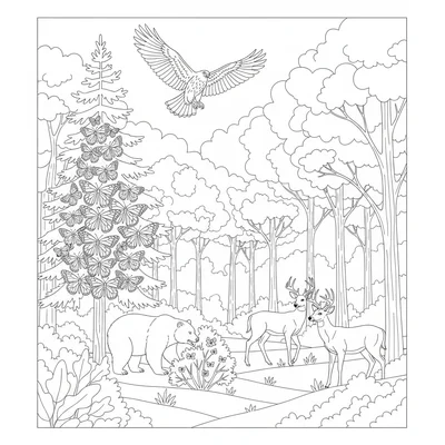 A northern forest autumn migration scene with a hawk soaring above coloring page