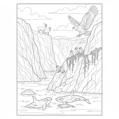 A Norwegian fjord spring scene with orca pods visible in the deep fjord waters coloring page