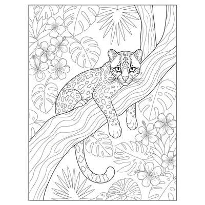 An ocelot resting in the fork of a tropical tree, its rosette-spotted body coloring page