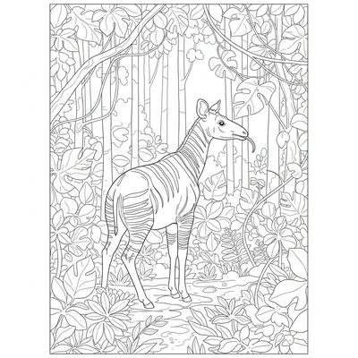 An okapi walking through dense Congo rainforest understory, its unusual striped coloring page