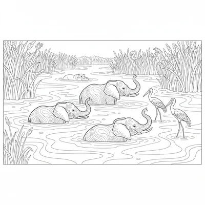An Okavango Delta in flood season, a herd of African elephants swimming a deep coloring page