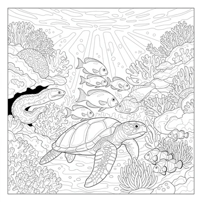 A Pacific coral reef panorama with a sea turtle gliding through the foreground coloring page