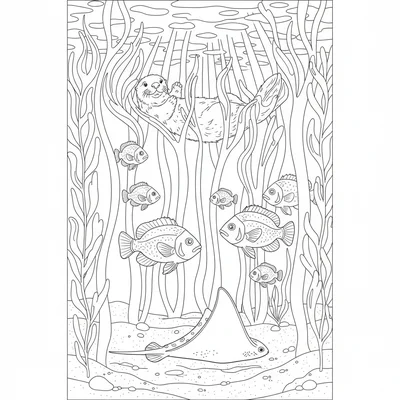 A Pacific kelp forest scene with a sea otter floating coloring page