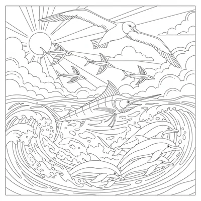 A Pacific Ocean surface scene with a school of spinner dolphins bow-riding coloring page