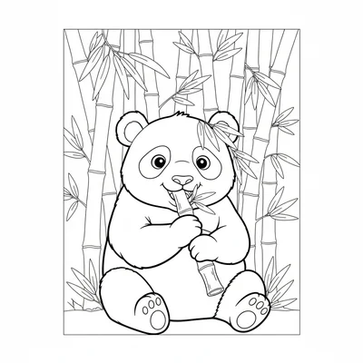 A panda sitting at the base of a bamboo grove eating a stalk, its wide black coloring page