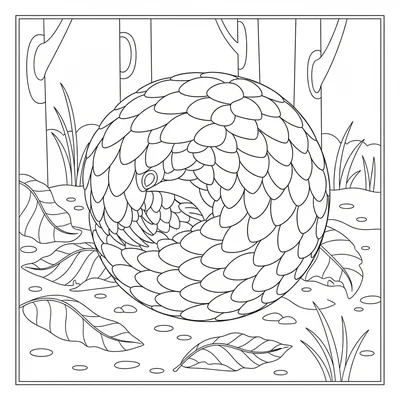 A pangolin curled into a tight protective ball on a forest floor, its coloring page