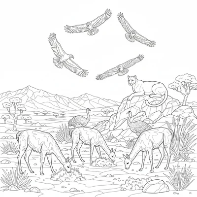 A Patagonian steppe scene with guanacos grazing in the foreground, a puma coloring page