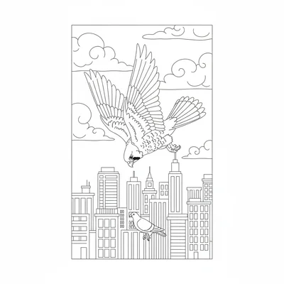 A peregrine falcon diving in a stoop above a city skyline, its wings swept back coloring page