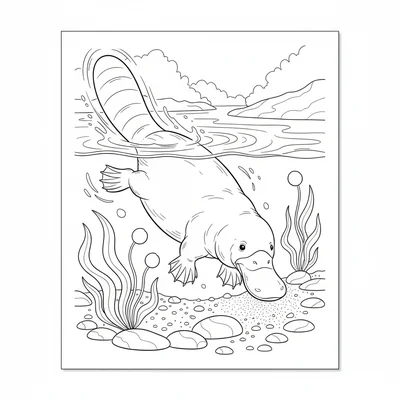 A platypus swimming below the surface of a clear creek, its broad paddle tail coloring page