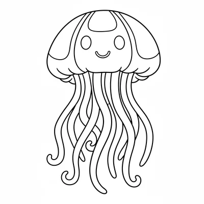 A plump jelly fish floating facing the viewer, its large dome umbrella-shaped coloring page