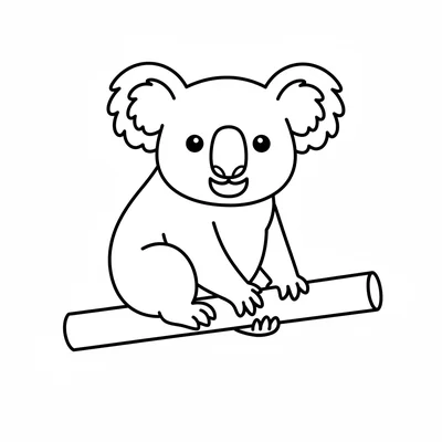A plump koala clinging to a simple thick branch, its large round fluffy grey coloring page