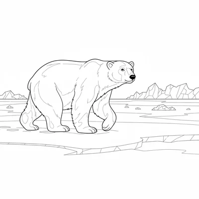 A polar bear walking across a wide flat ice field, its massive body seen coloring page