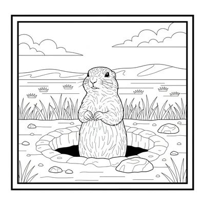 A prairie dog standing upright at the entrance of its underground burrow, its coloring page