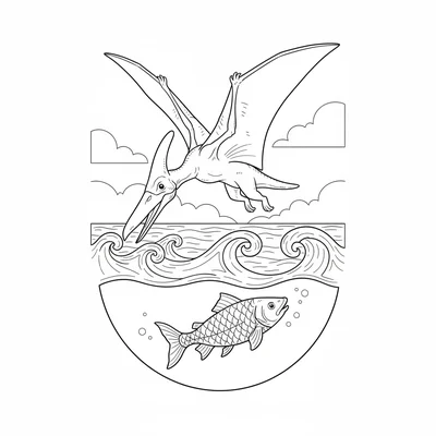 A Pteranodon diving toward the ocean surface, wings tucked back, beak aimed at… coloring page