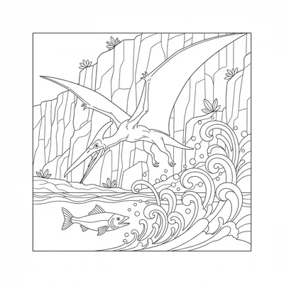 A Pteranodon fishing scene with the pterosaur plunging toward the ocean surface… coloring page