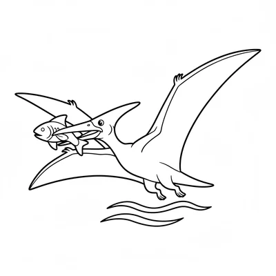 A Pteranodon soaring with a large fish in its beak, wings spread wide as simple… coloring page
