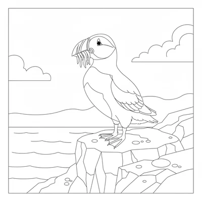 A puffin standing on a sea cliff ledge, beak full of sand eels, its black coloring page