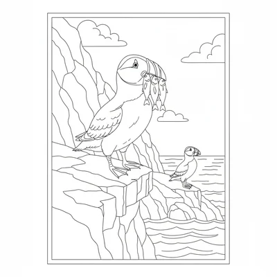 A puffin standing on a sea cliff ledge with its colorful beak holding three coloring page
