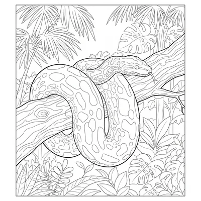 A python coiled around a thick tropical tree branch, its large smooth scales coloring page