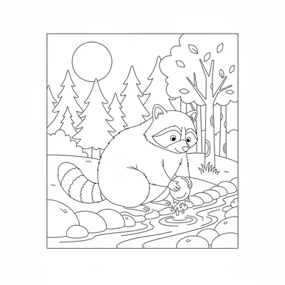 A raccoon washing something at the edge of a stream by moonlight, its coloring page