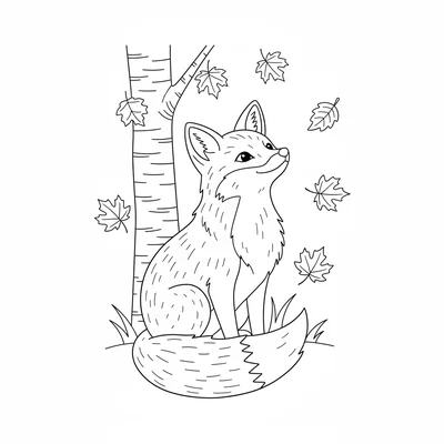 A red fox sitting at the edge of an autumn forest, its bushy tail curled around coloring page