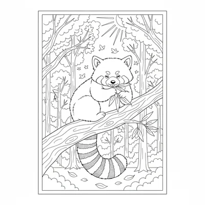A red panda resting on a tree branch, its bushy ringed tail hanging below coloring page
