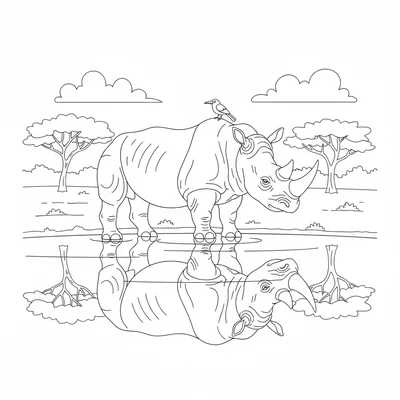 A rhinoceros standing at a waterhole, its massive body reflected in the still coloring page