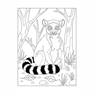 A ring-tailed lemur sitting upright in a dry forest in Madagascar, its striking coloring page