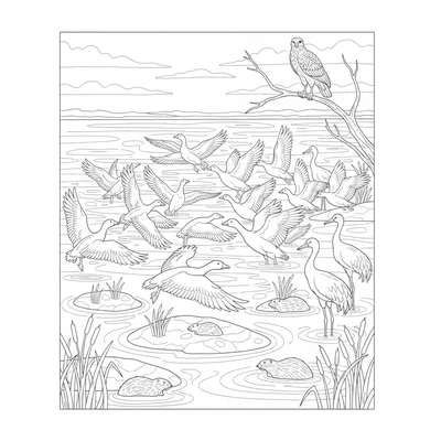 A river delta wetlands scene with a massive flock of snow geese landing coloring page