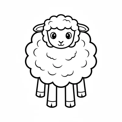 A round baby lamb facing forward, its extra fluffy white curly wool body like coloring page