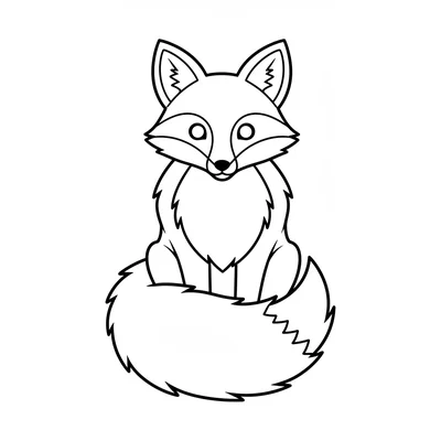 A round fluffy red fox sitting facing forward, its pointed triangular ears coloring page