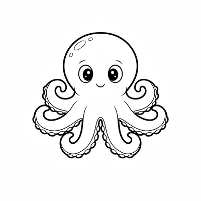 A round friendly octopus facing the viewer, its round bulging head body on top coloring page