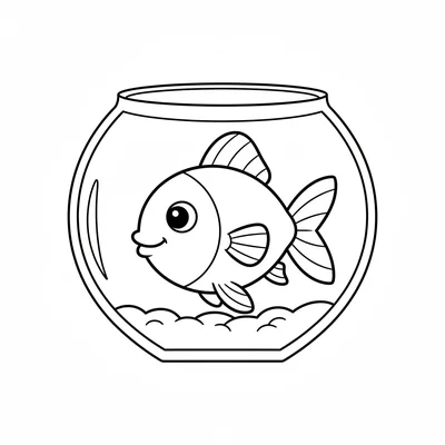 A round little fish in a simple fishbowl, its big round eye and curved smile coloring page