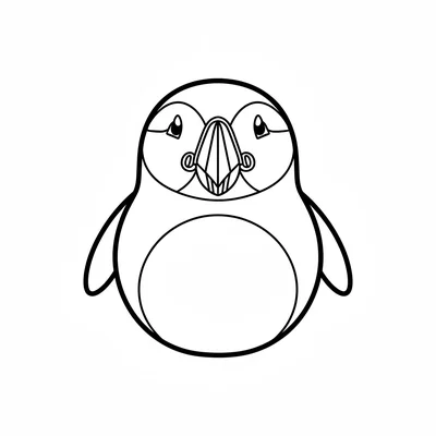 A round puffin facing forward, its black back, white front belly patch, large coloring page
