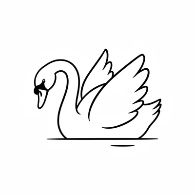 A round swan floating on a simple water line, its pure white body, very long coloring page