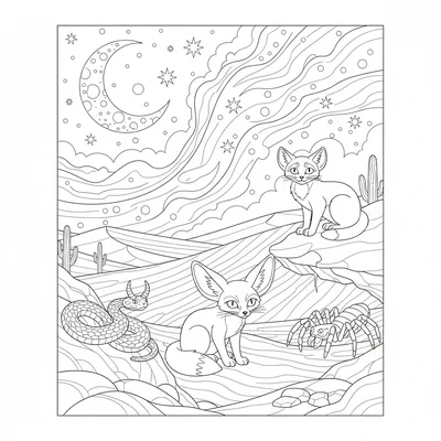 A Saharan desert ecosystem at night with a fennec fox listening for prey coloring page